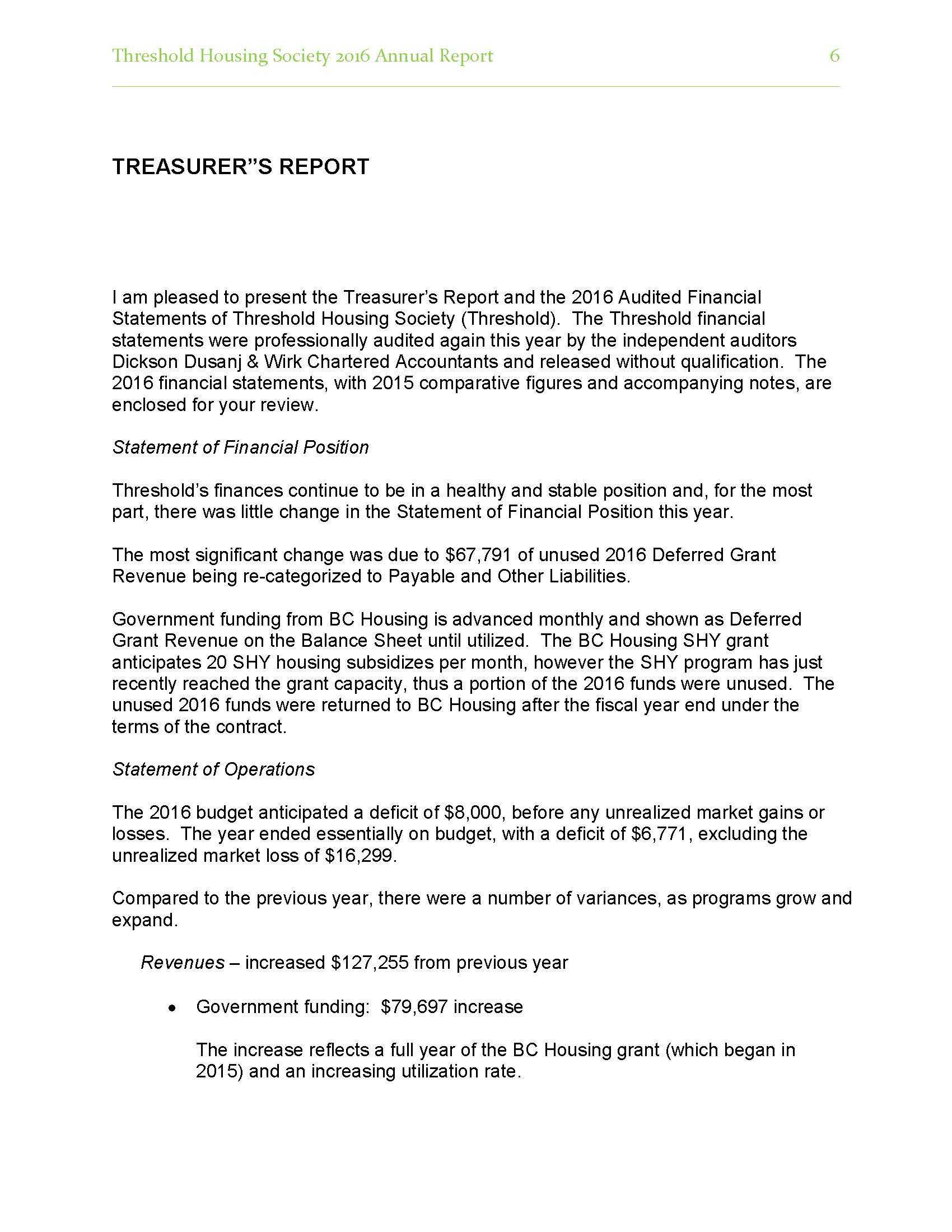 2018/2019 Annual Report – Threshold Housing With Regard To Treasurer's Report Agm Template