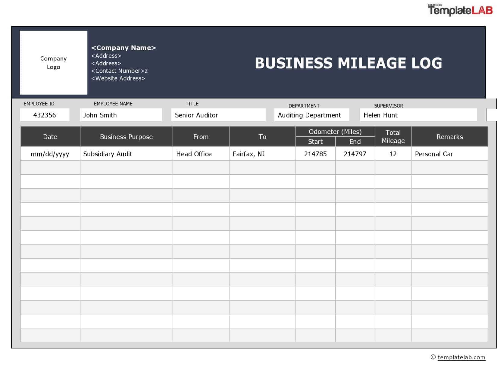 31 Printable Mileage Log Templates (Free) ᐅ Templatelab For Mileage Report Template