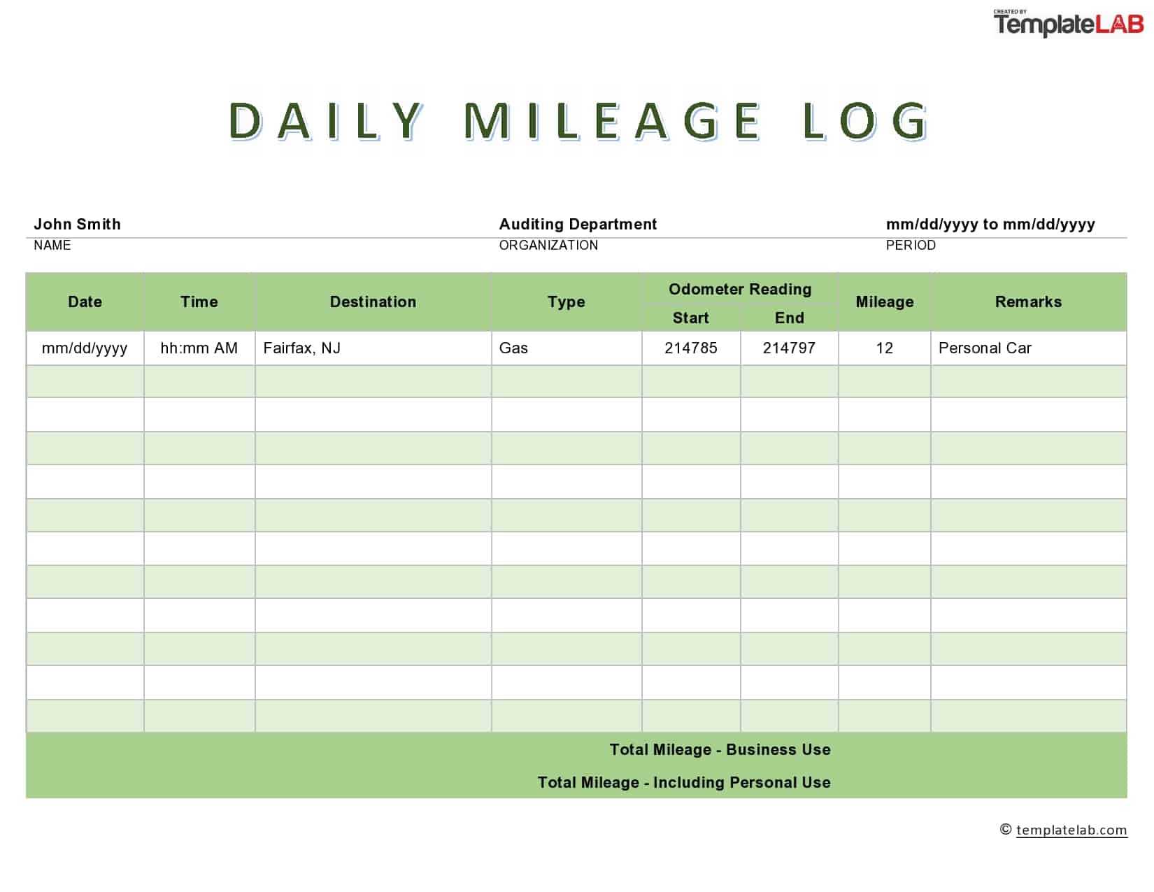 31 Printable Mileage Log Templates (Free) ᐅ Templatelab With Gas Mileage Expense Report Template