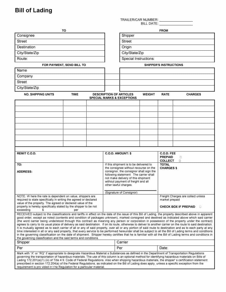 40 Free Bill Of Lading Forms & Templates ᐅ Templatelab Within Blank Bol Template