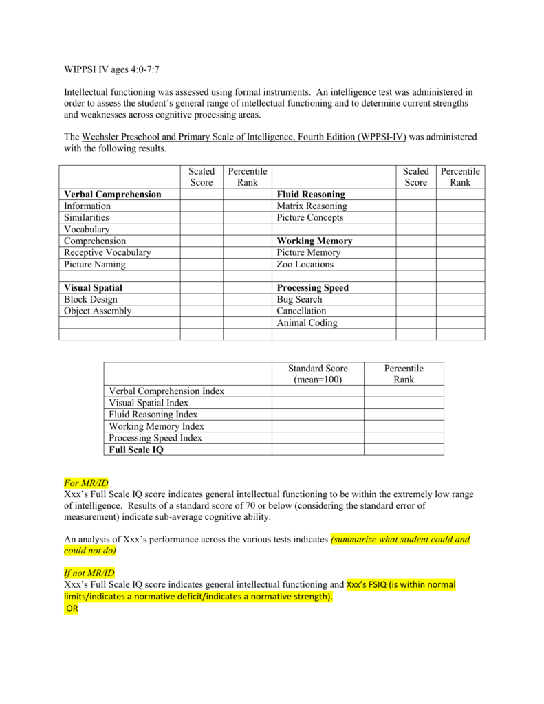 8 Cognitive Template Wppsi Iv Ages 4 0 7 7 Within Wppsi Iv Report Template