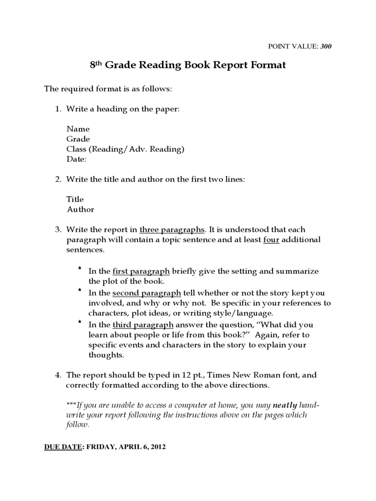 8Th Grade Reading Book Report Template Free Download With 1St Grade Book Report Template