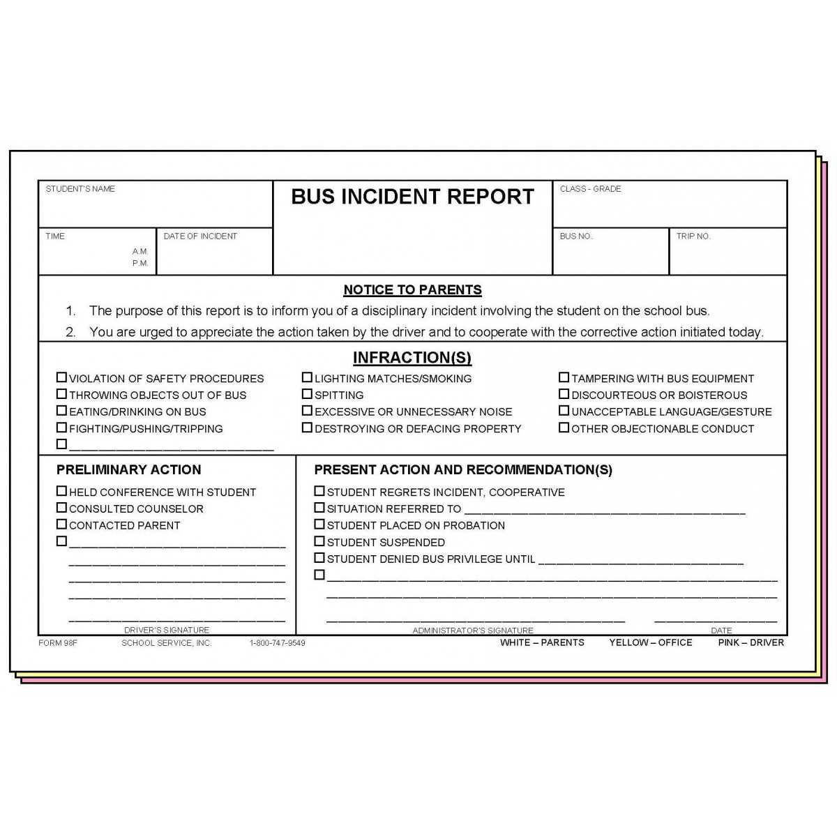 98F – Bus Incident Report Intended For School Incident Report Template
