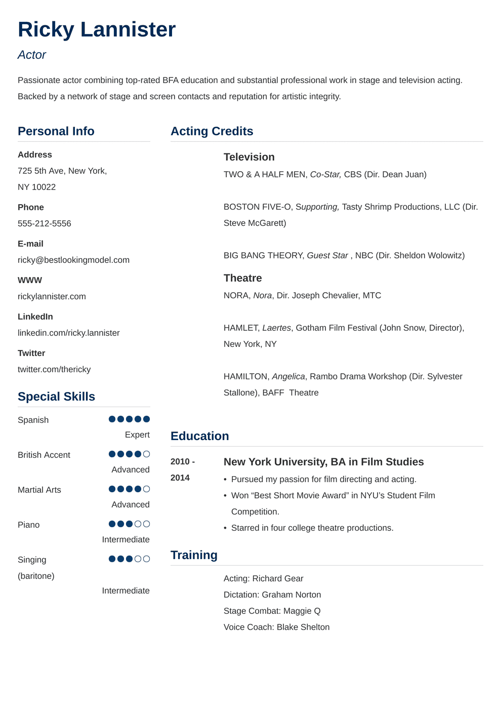 Acting Resume Template [An Actor Resume Example & Tips] Pertaining To Theatrical Resume Template Word