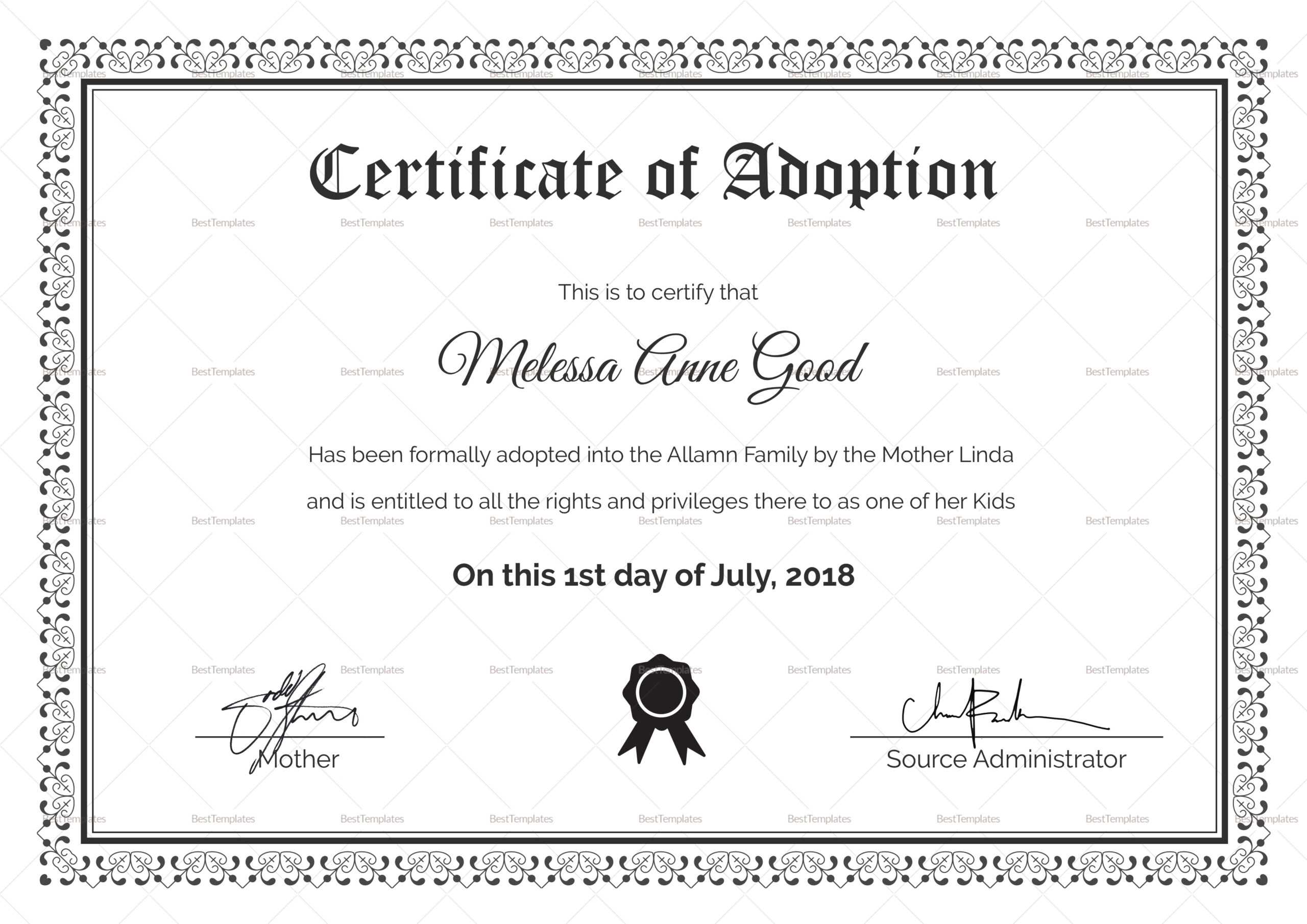 Adoption Certificate Design Template With Blank Adoption Certificate Template
