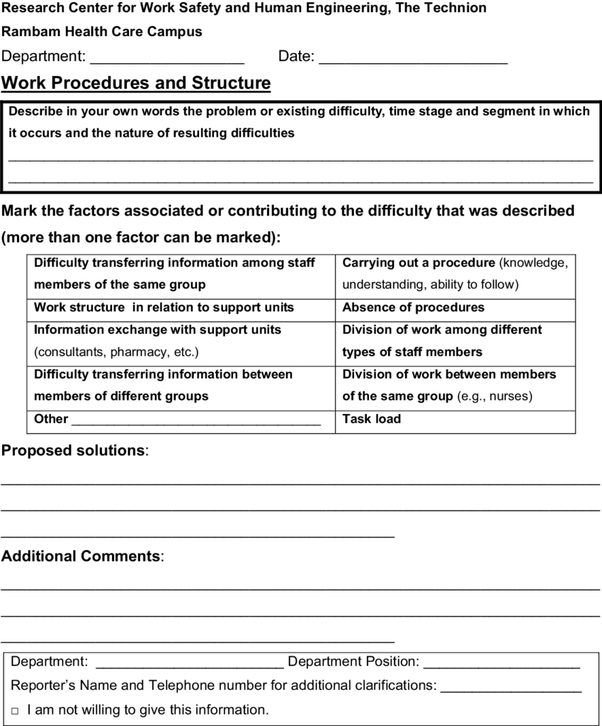 An Example Of A Work Procedures And Structure Report Form Intended For Medication Incident Report Form Template