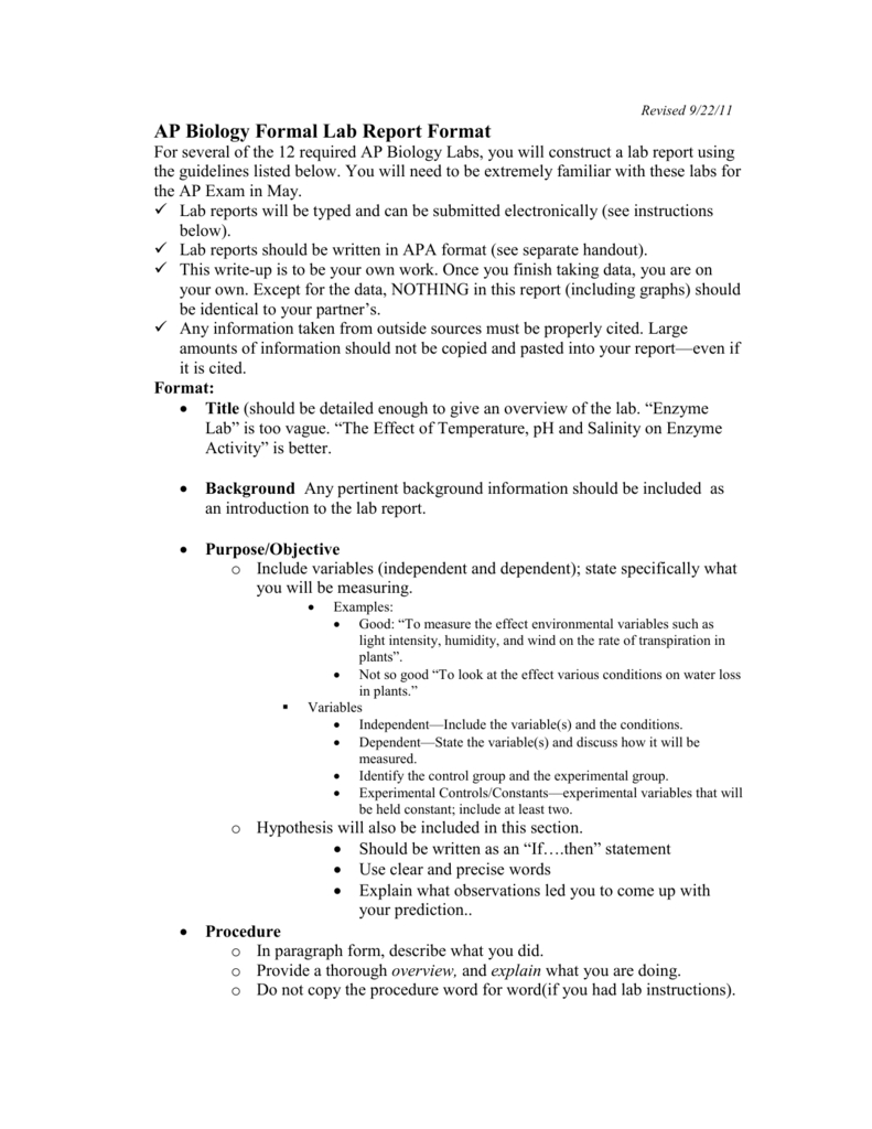 Ap Biology Formal Lab Report Format With Regard To Formal Lab Report Template