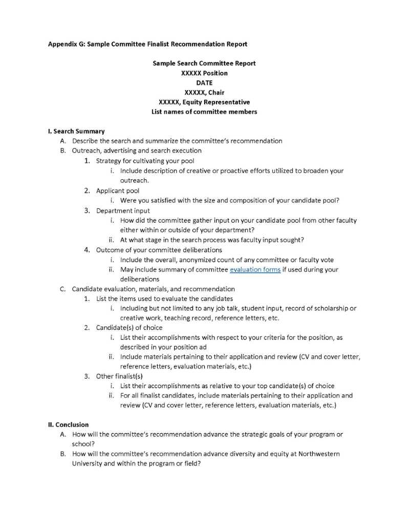 Appendix G: Sample Committee Finalist Recommendation Report With Recommendation Report Template