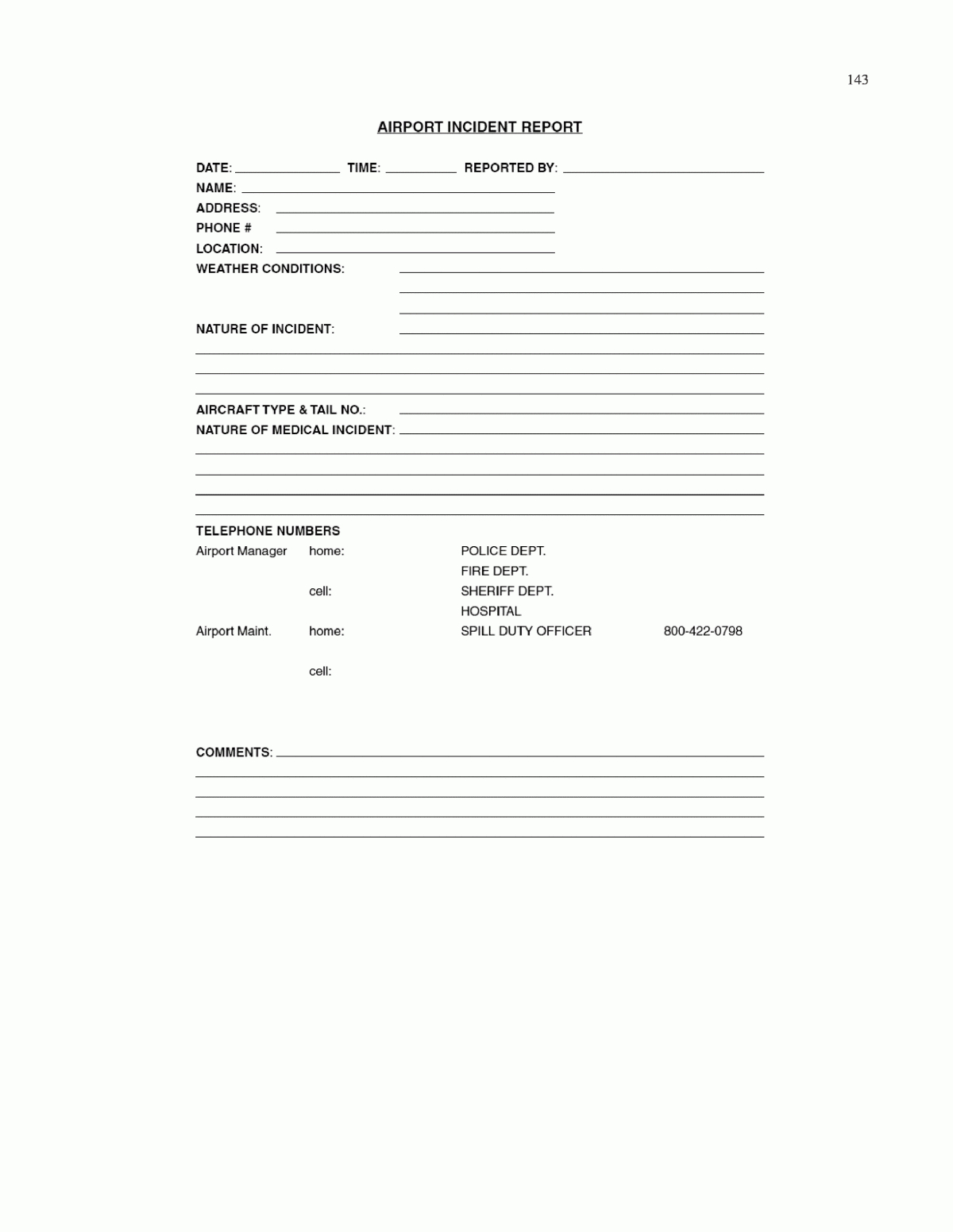 Appendix M – Sample Airport Incident Report Form For Spill Pertaining To Incident Report Book Template