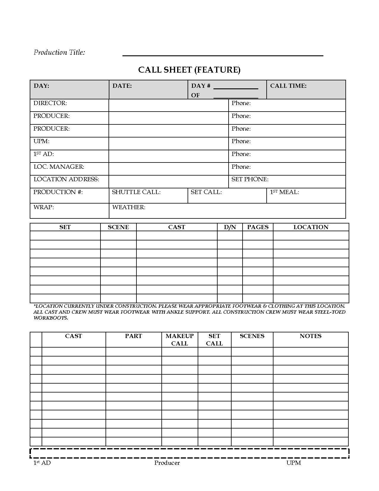 Awesome Call Sheet (Feature) Template Sample For Film In Blank Call Sheet Template
