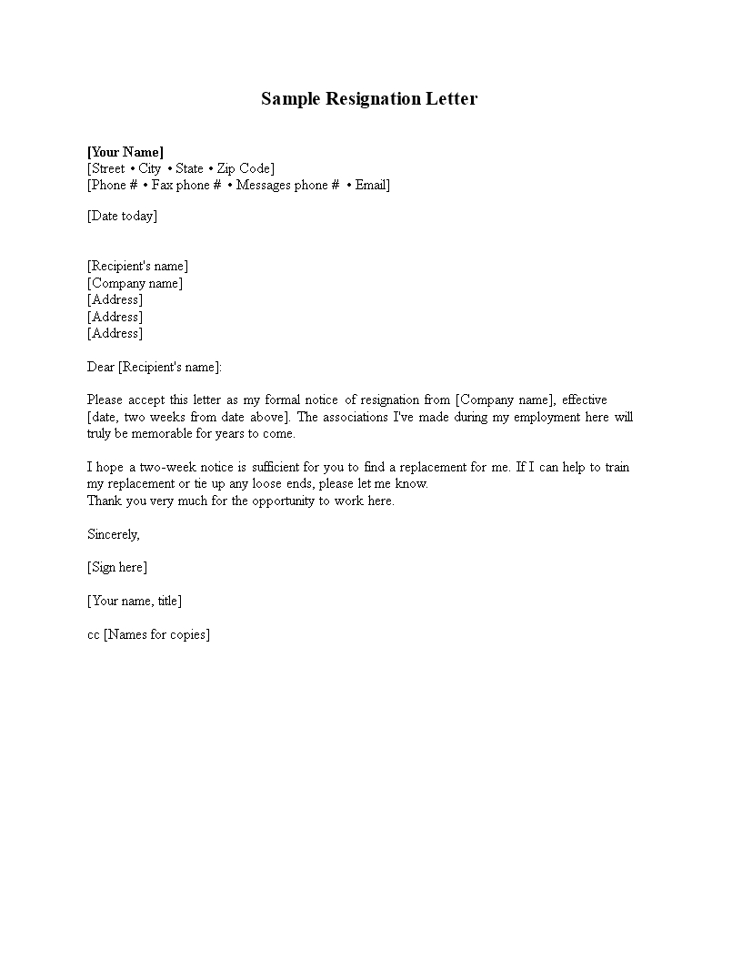 Basic Resignation Letter Two Weeks Notice | Templates At Within Two Week Notice Template Word