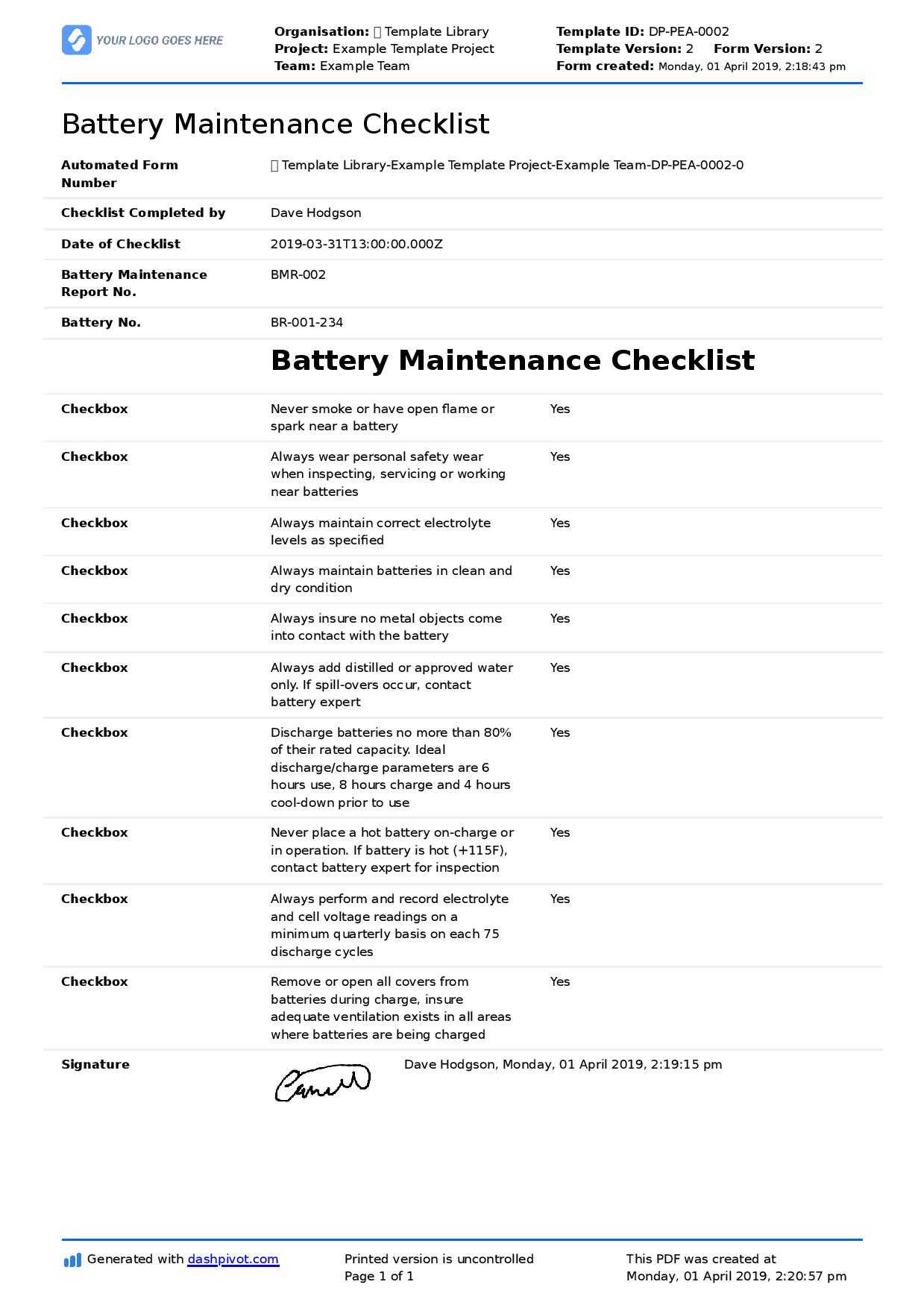 Battery Maintenance Checklist (Forklift, Industrial, Golf Inside Computer Maintenance Report Template