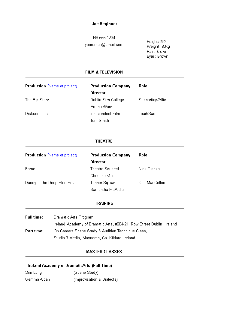 Beginner Acting Resume Template | Templates At For Theatrical Resume Template Word