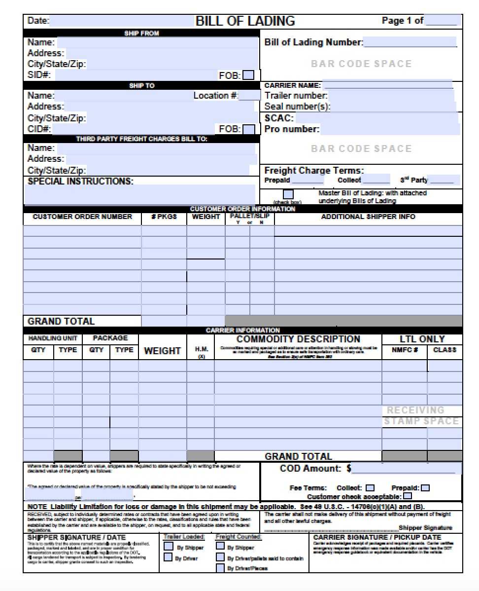 Bill Of Lading Short Form Template Excel – Tomope.zaribanks.co Throughout Blank Bol Template