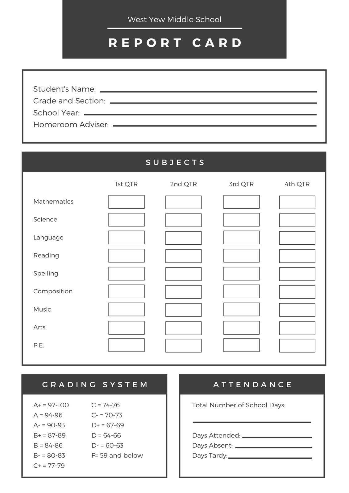 Black White Middle School Report Card – Templatescanva For Middle School Report Card Template