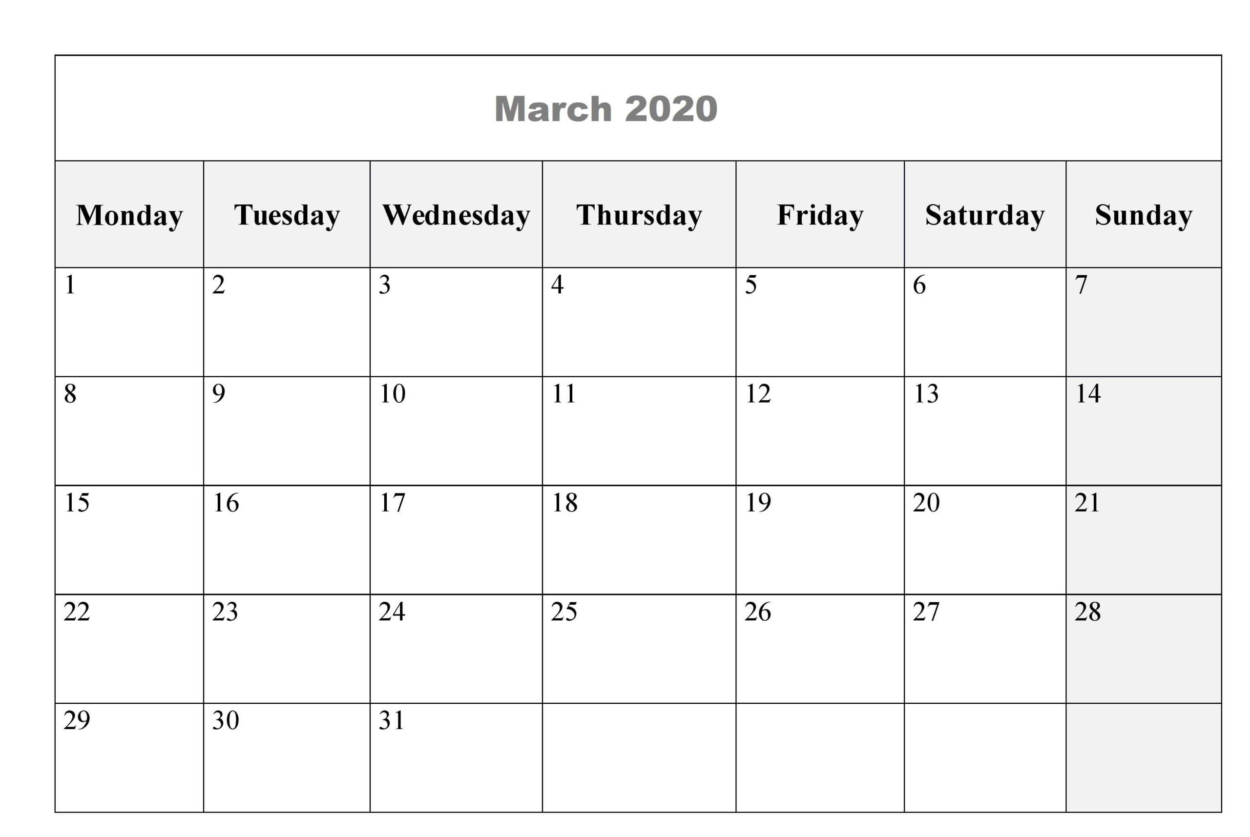 Blank March 2020 Calendar – Record Your Personal Activities Within Blank Activity Calendar Template