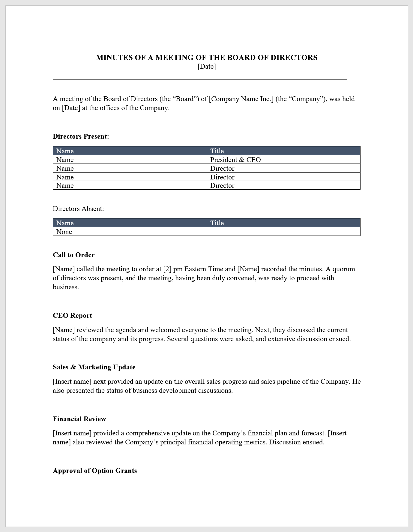 Board Meeting Minutes Template – Download From Cfi Marketplace Regarding Ceo Report To Board Of Directors Template