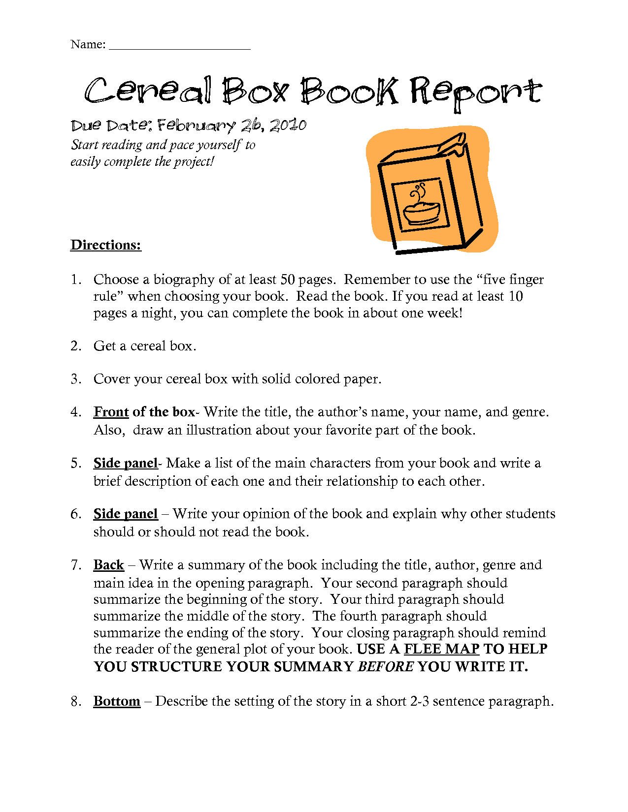 Book Report Project Instructions With Regard To Cereal Box Book Report Template