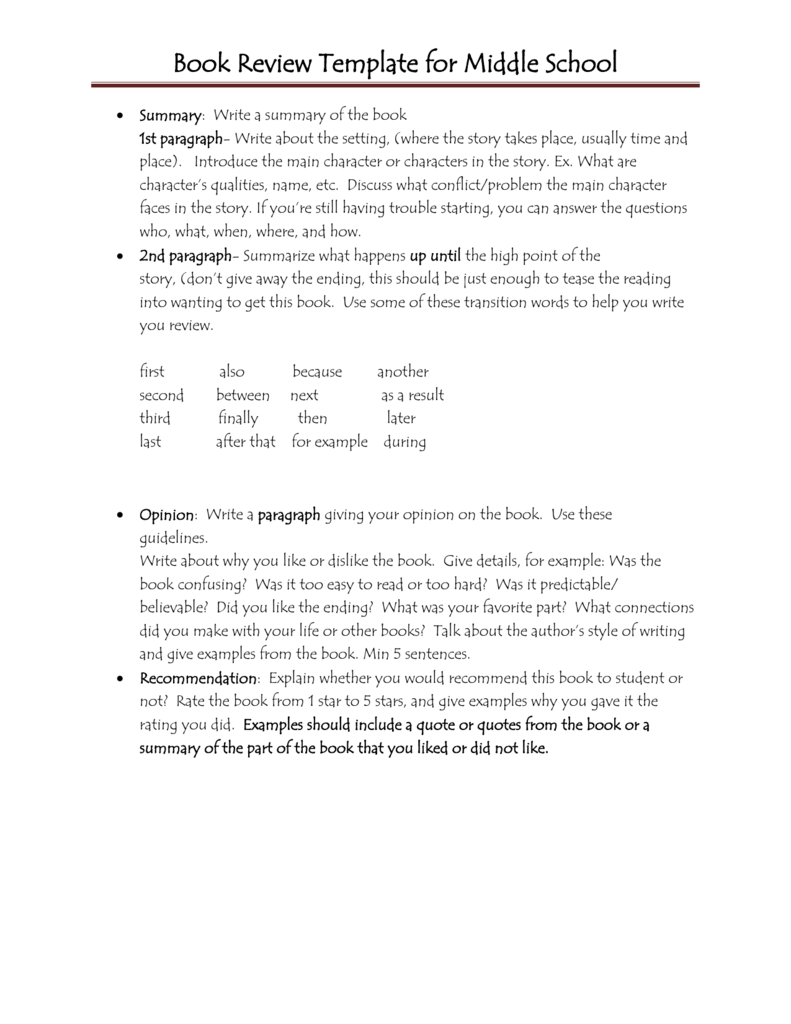 Book Review Template For Middle School Throughout Middle School Book Report Template