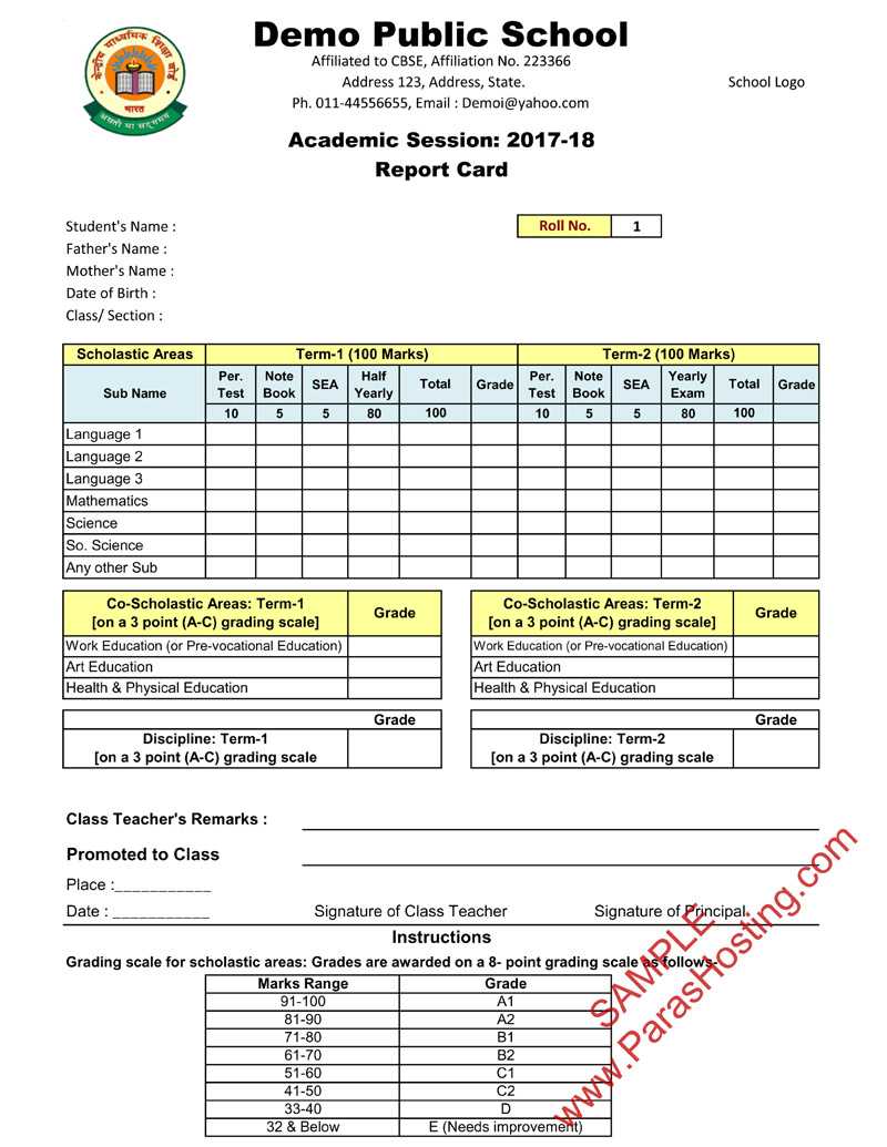 Cbse Report Card Format For Primary Classes  I To V In Report Card Template Pdf