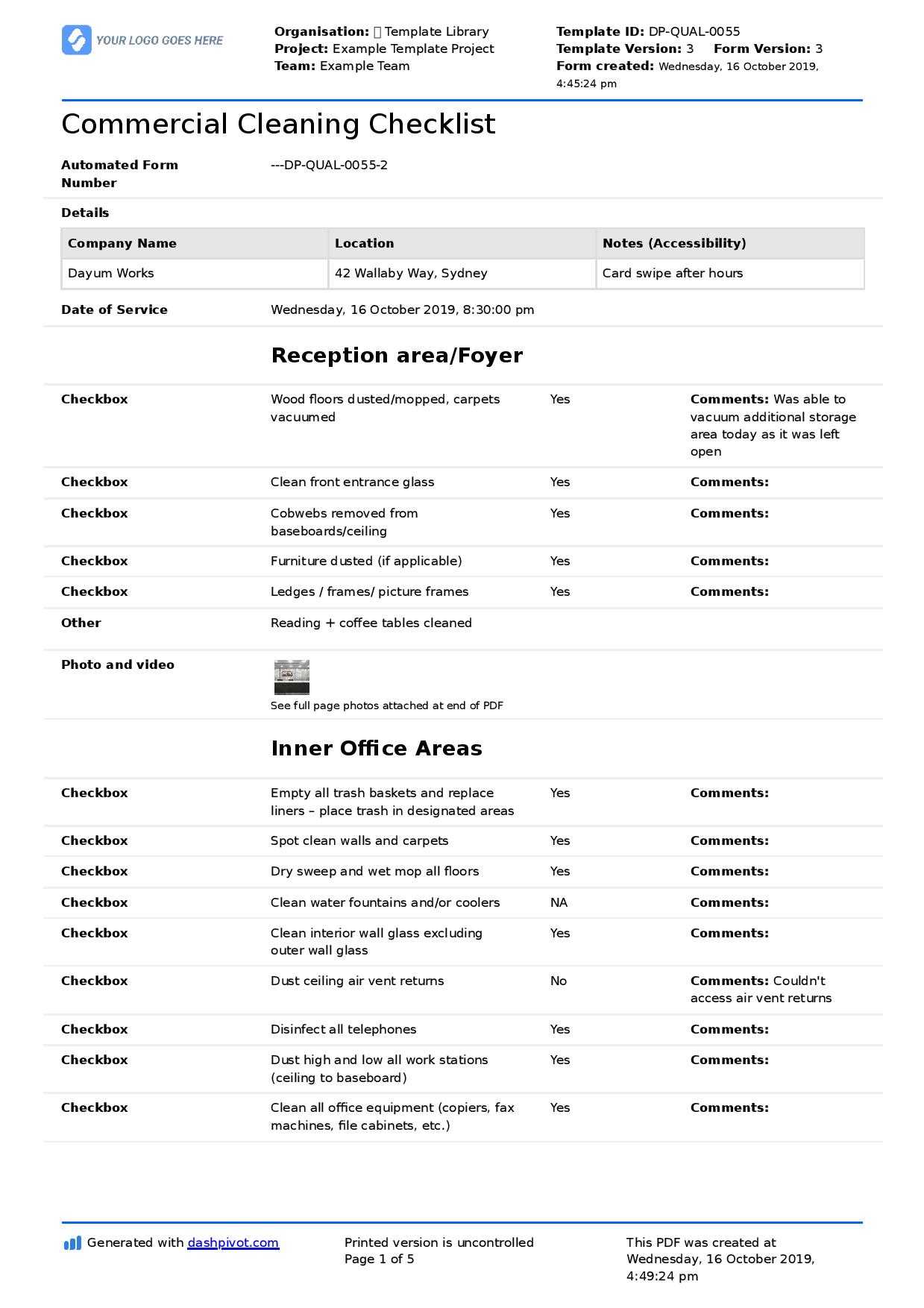 Commercial Cleaning Checklist Template (Free + Editable In Cleaning Report Template
