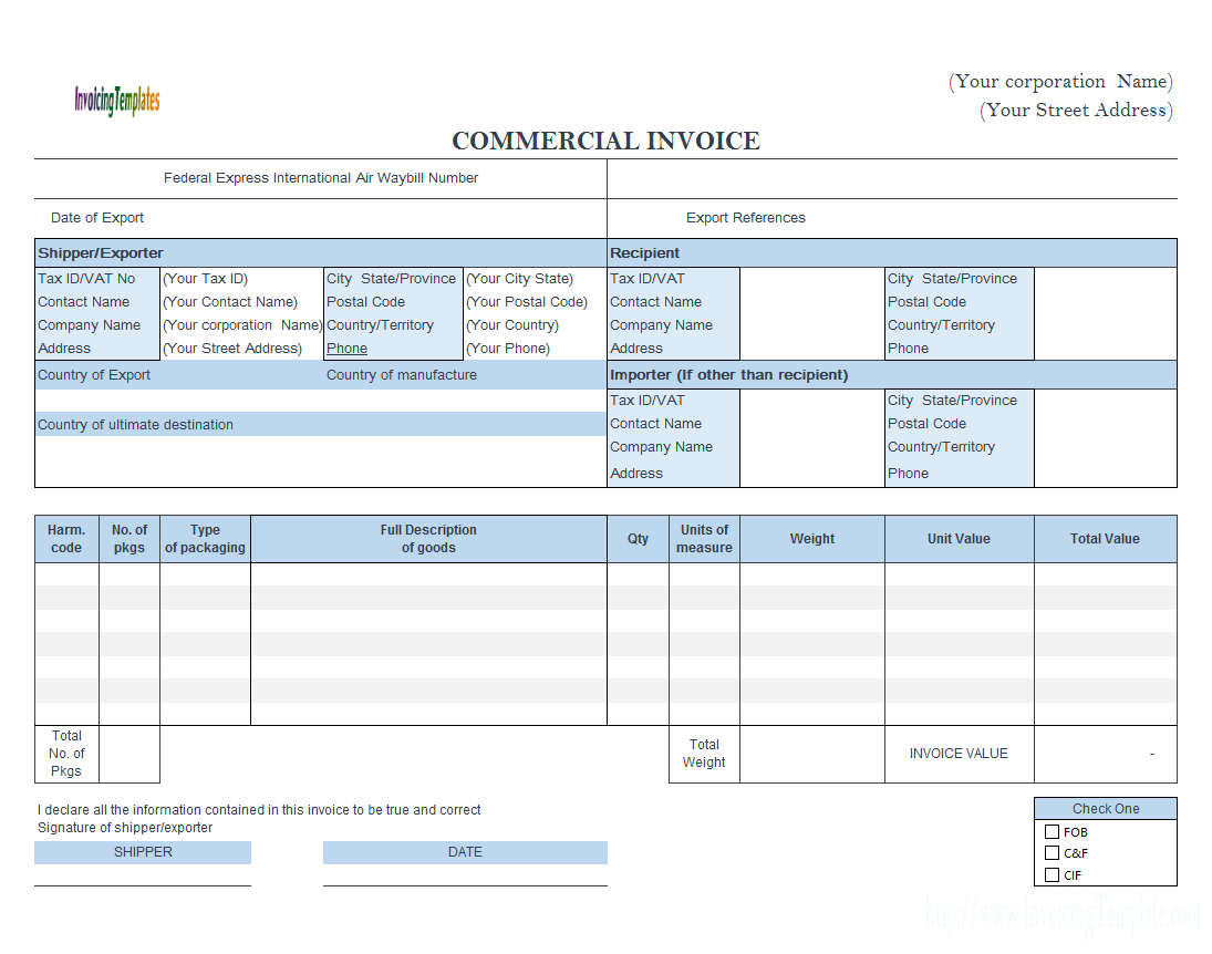 Commercial Invoice – Fedex Style (Landscape) In Commercial Invoice Template Word Doc