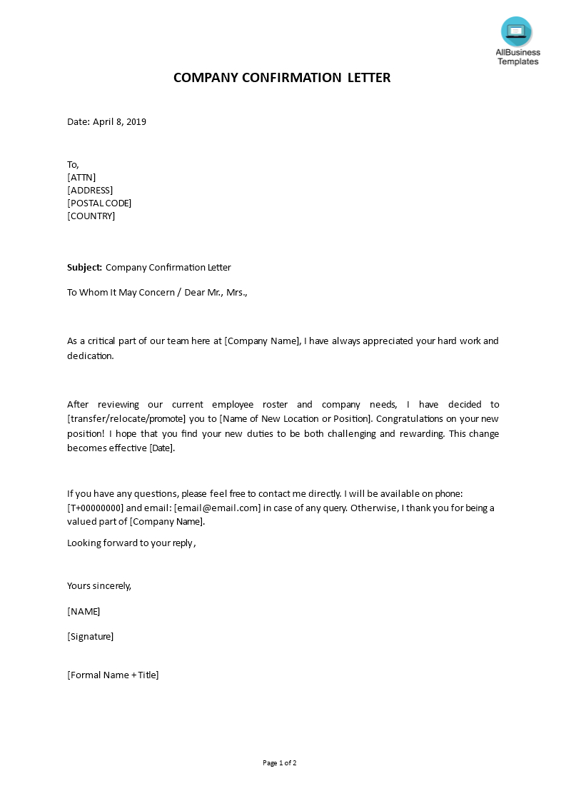Company Confirmation Letter Form In Word | Templates At Regarding Microsoft Word Business Letter Template