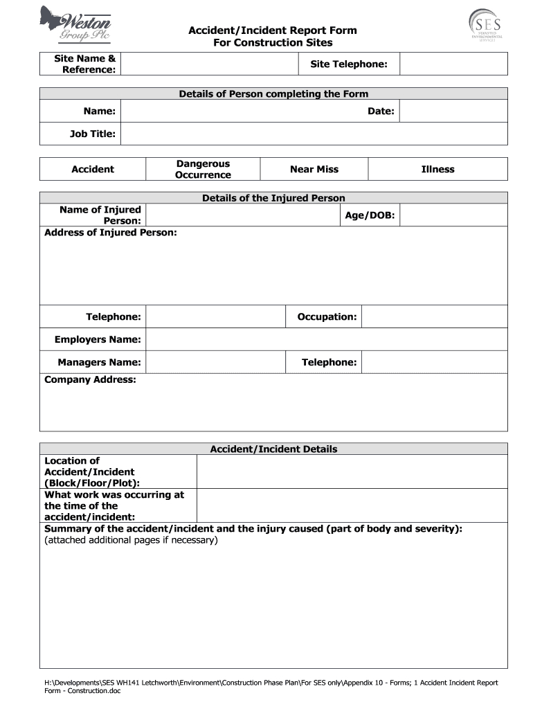 Construction Incident Report Template – Fill Online In Construction Accident Report Template