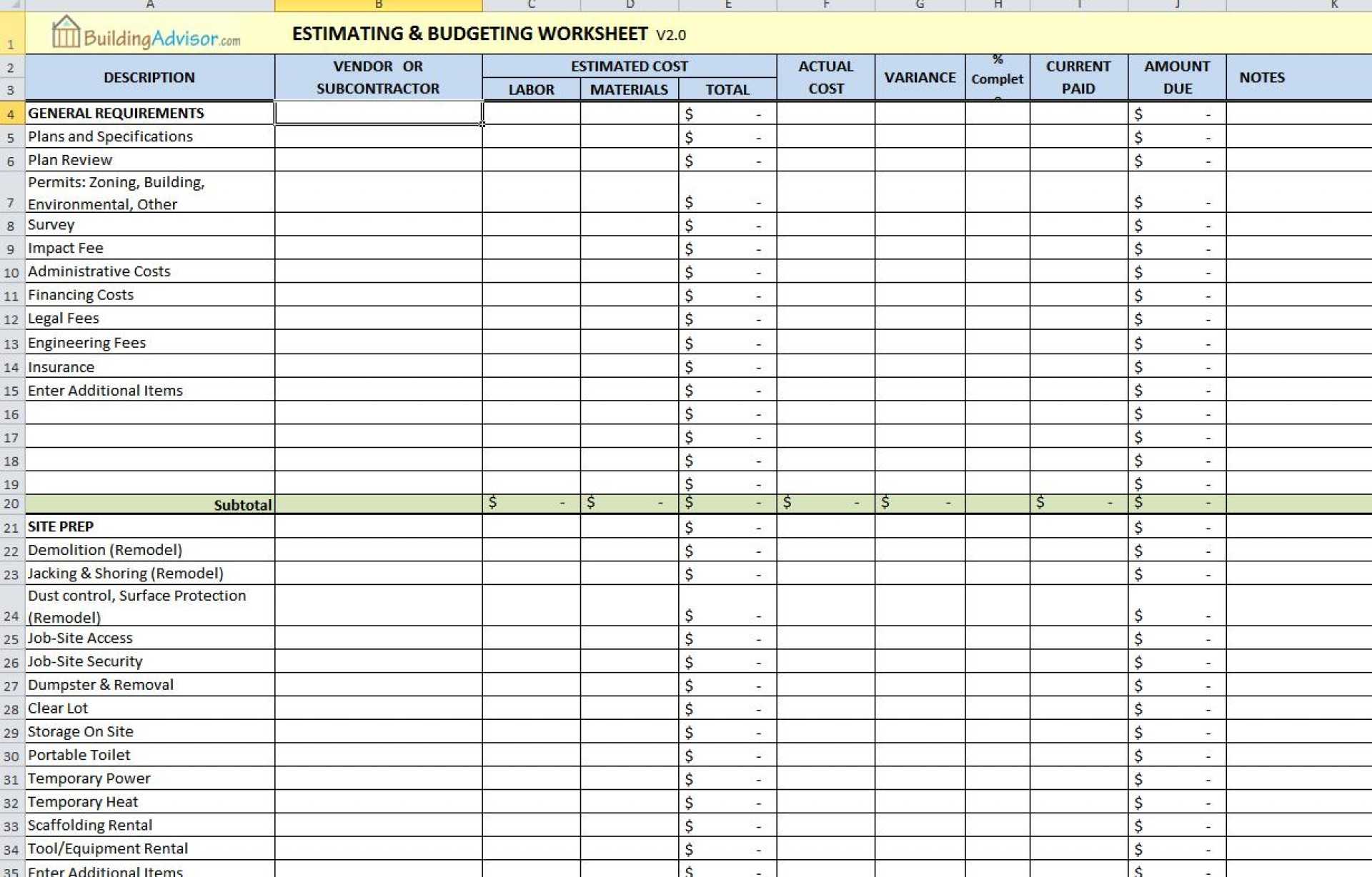 Construction Spreadsheet Estimating Template Residential Xls Pertaining To Construction Cost Report Template