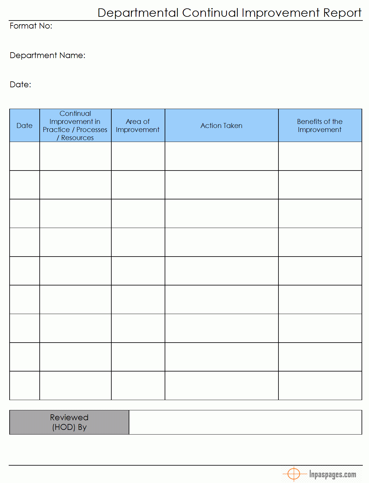 Continual Improvement Report (Departmental) - For Improvement Report Template