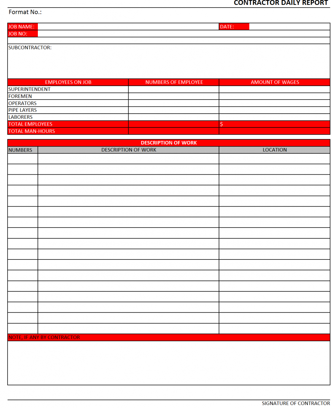 Contractor Daily Report Template Throughout Daily Work Report Template