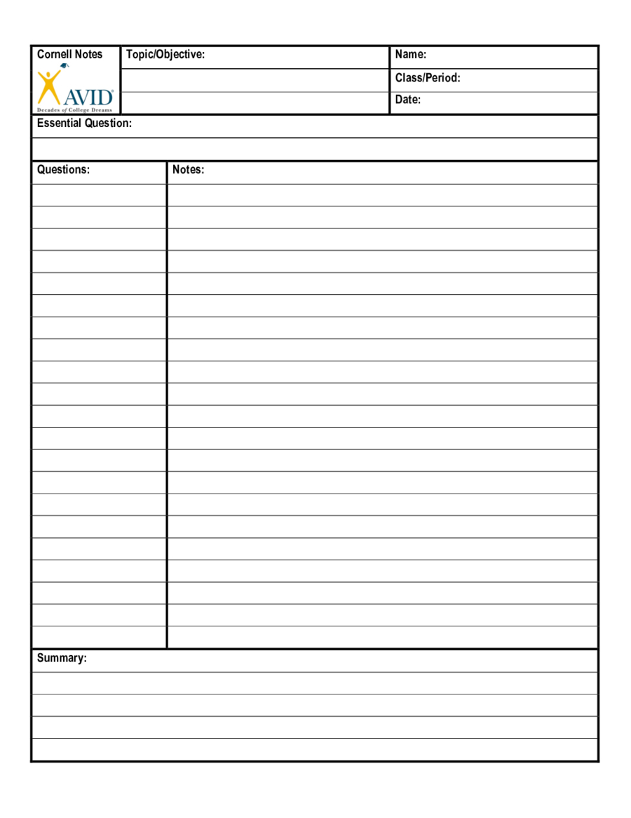 Cornell Notes Template (Avid) – Edit, Fill, Sign Online With Cornell Note Template Word