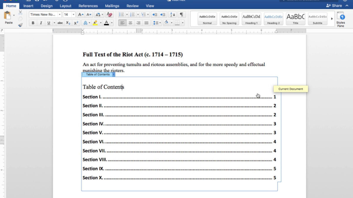 format manual table of contents word