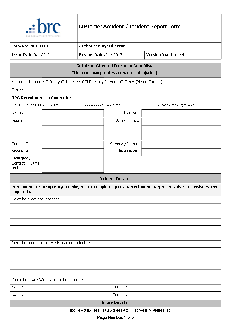 Customer Accident Incident Report | Templates At Inside Customer Incident Report Form Template