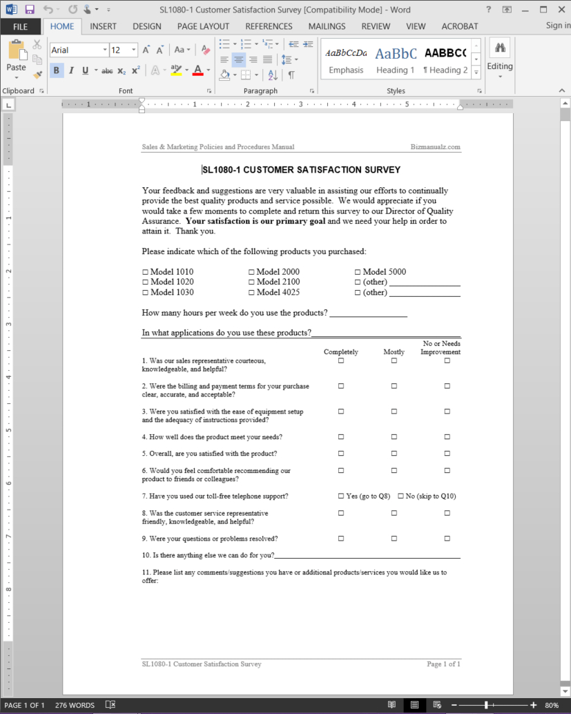 Customer Satisfaction Survey Template | Sl1080 1 Pertaining To Questionnaire Design Template Word