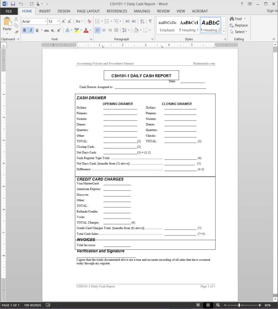 Daily Cash Report Template | Csh101 1 Pertaining To End Of Day Cash Register Report Template