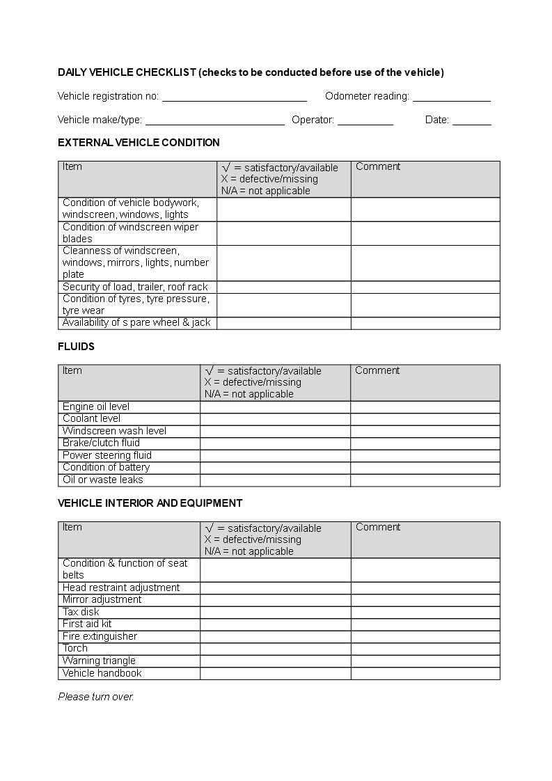 Daily Vehicle Checklist Word | Templates At Pertaining To Vehicle Checklist Template Word