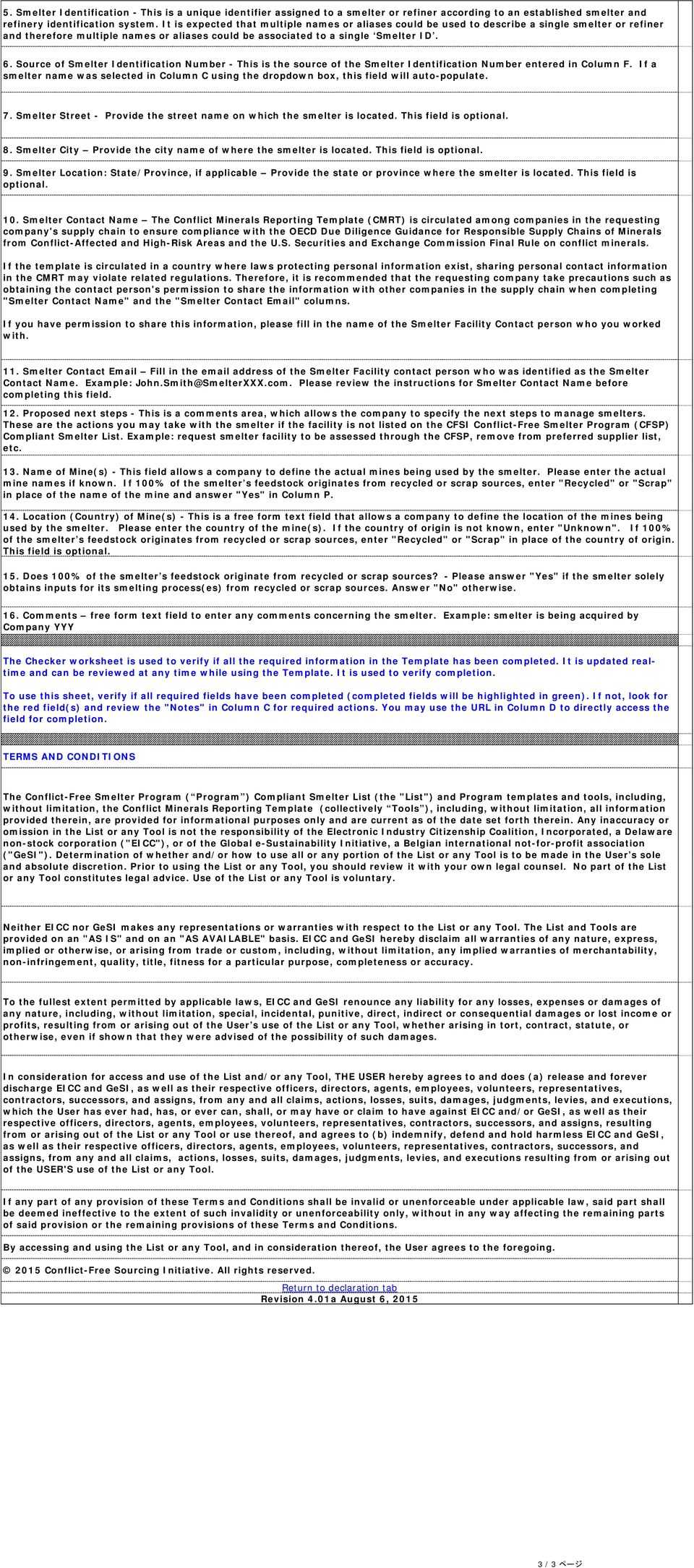 Document Title Conflict Minerals Reporting Template Sheet. 1 With Eicc Conflict Minerals Reporting Template