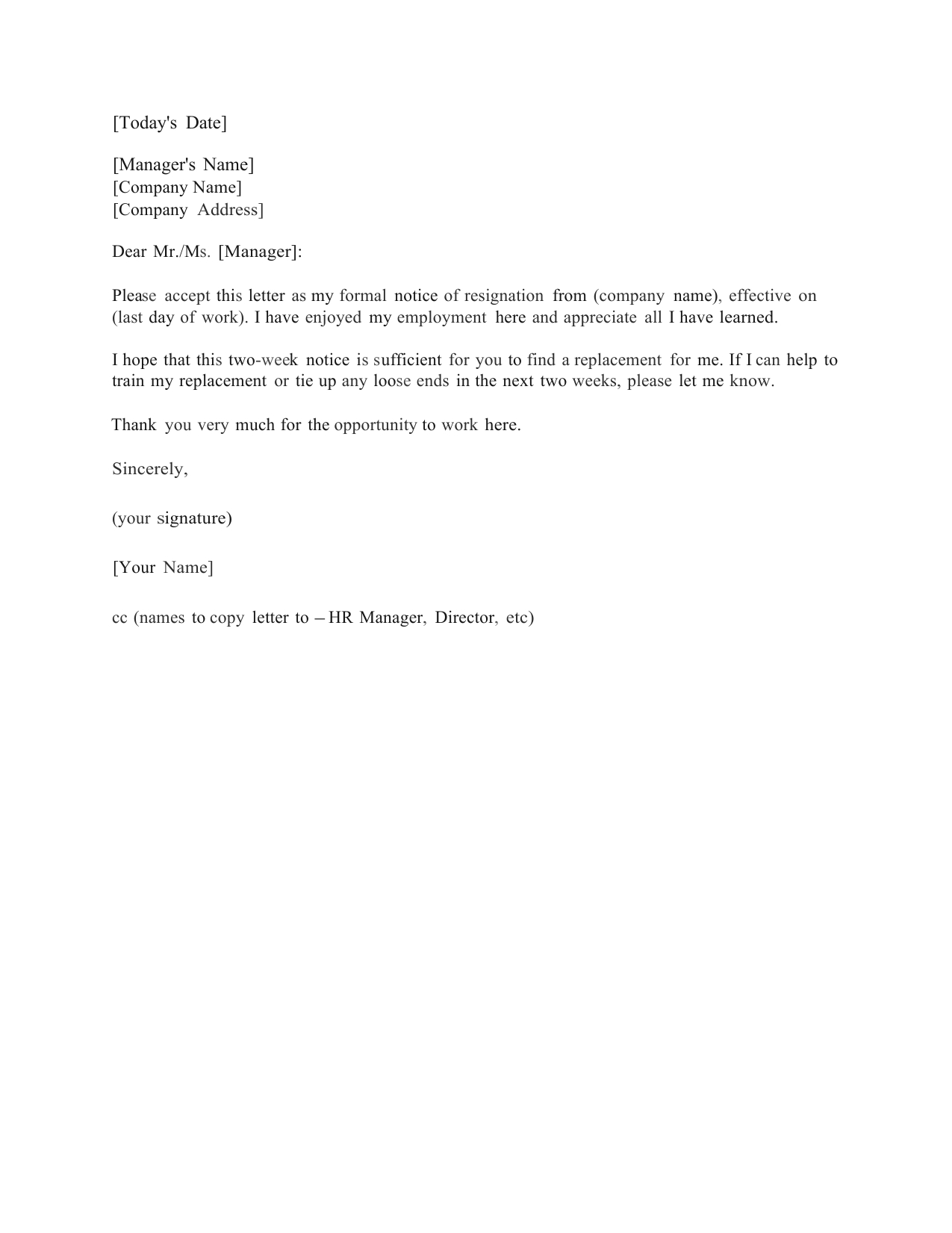 Download Standard Two (2) Weeks Notice Letter Template And Regarding 2 Weeks Notice Template Word