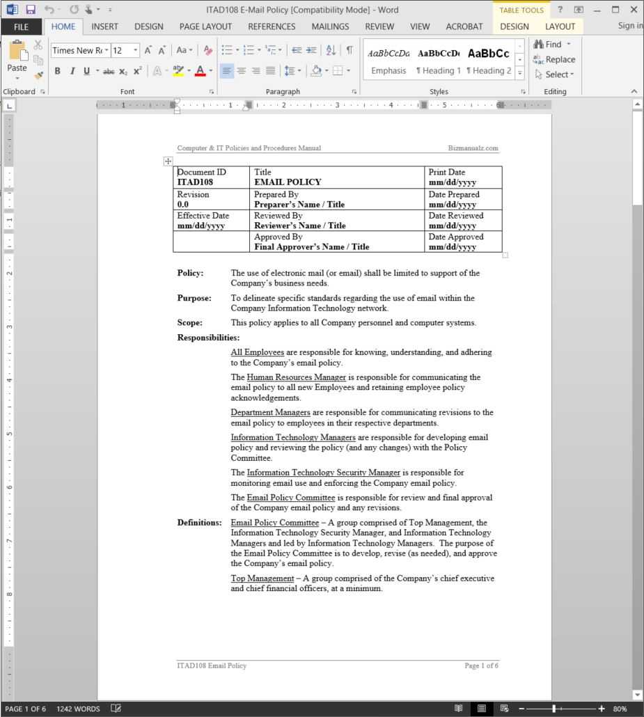 E Mail Policy Procedure | Itad108 For Procedure Manual Template Word Free
