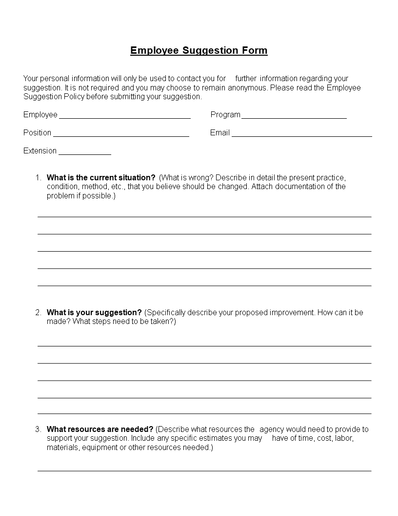 Employee Suggestion Form Word Format | Templates At For Word Employee Suggestion Form Template