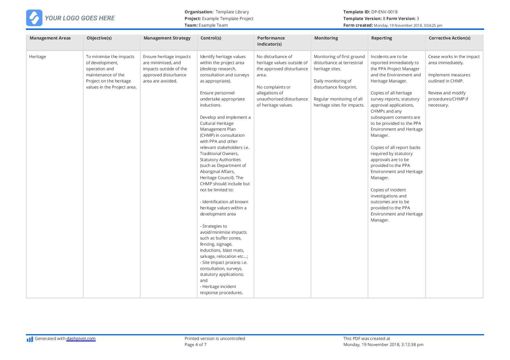 Environmental Management Plan Template (For Construction In Environmental Impact Report Template