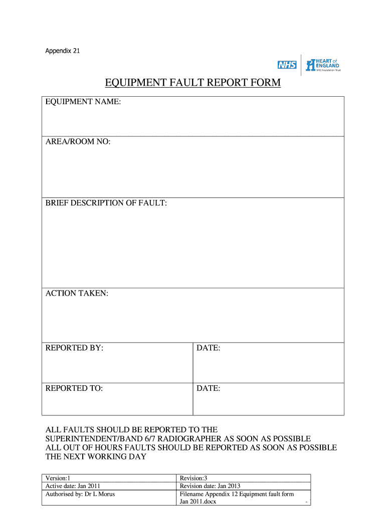 Equipment Fault Report – Fill Online, Printable, Fillable Regarding Equipment Fault Report Template