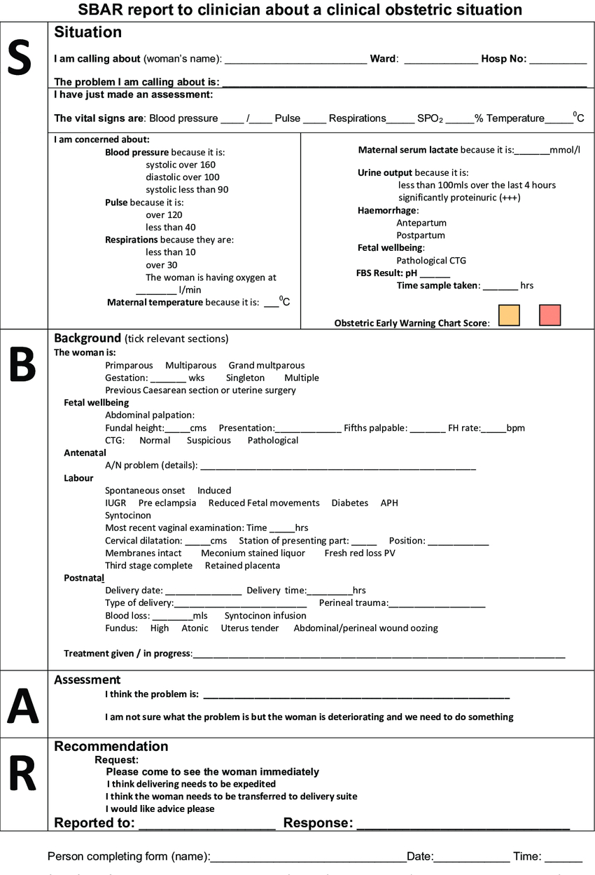 Example Of Sbar Maternity Handover Sheet (From The Prompt With Nursing Handoff Report Template