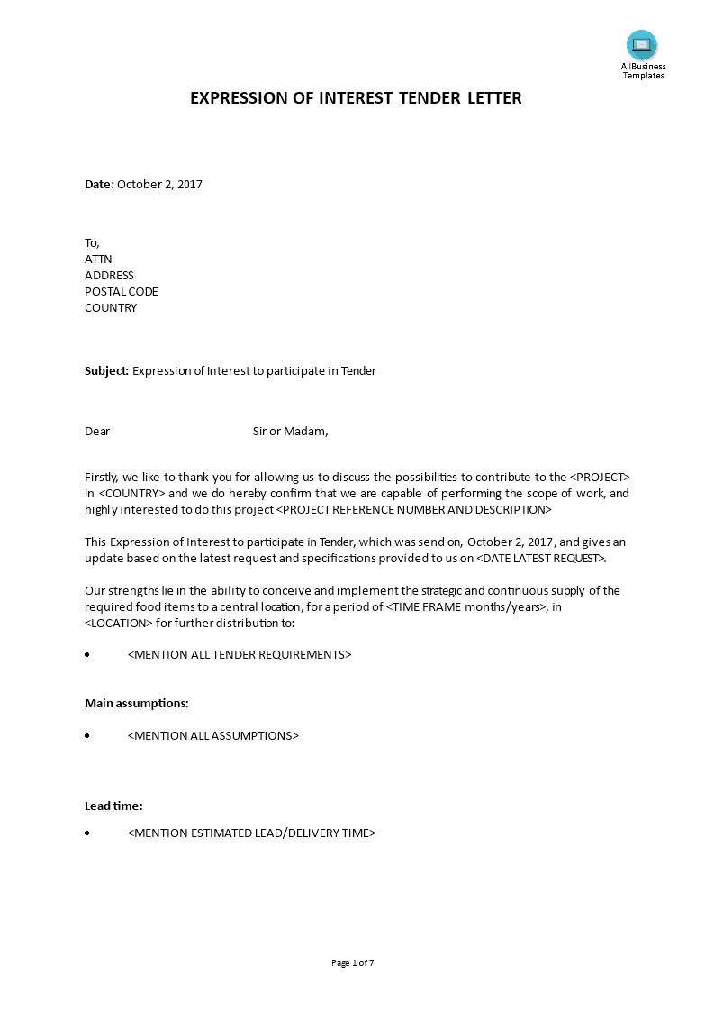 Expression Of Interest Tender Cover Letter | Templates At With Letter Of Interest Template Microsoft Word