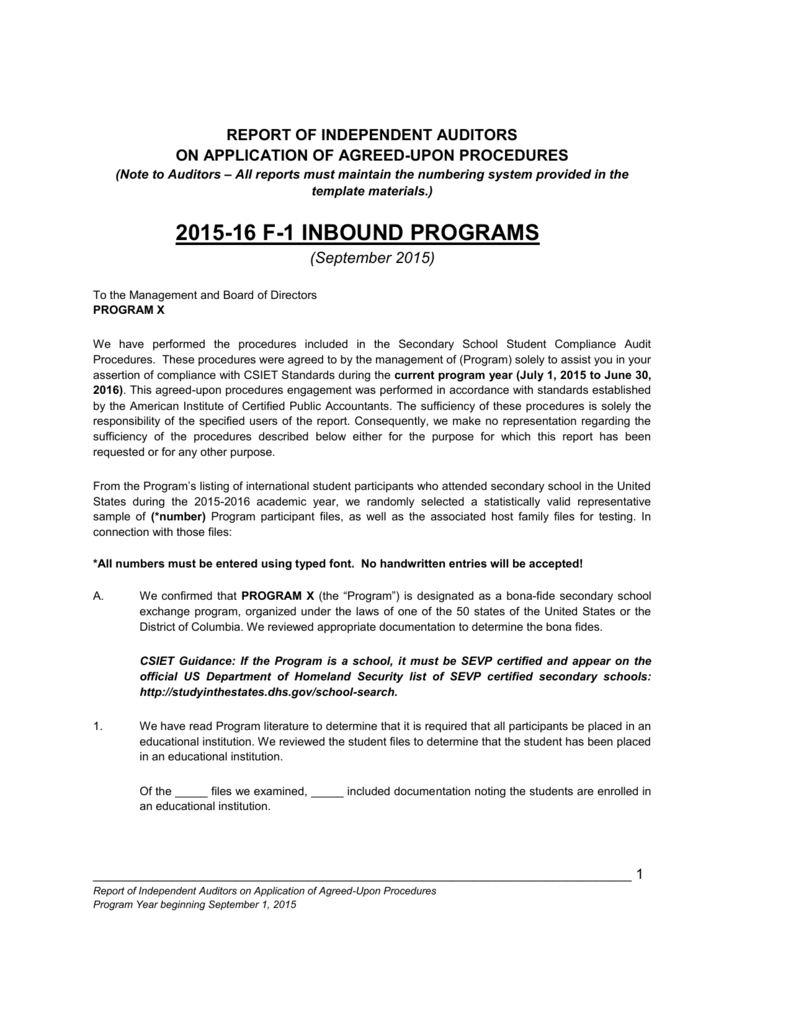 F 1 Compliance Audit Report Inside Agreed Upon Procedures Report Template