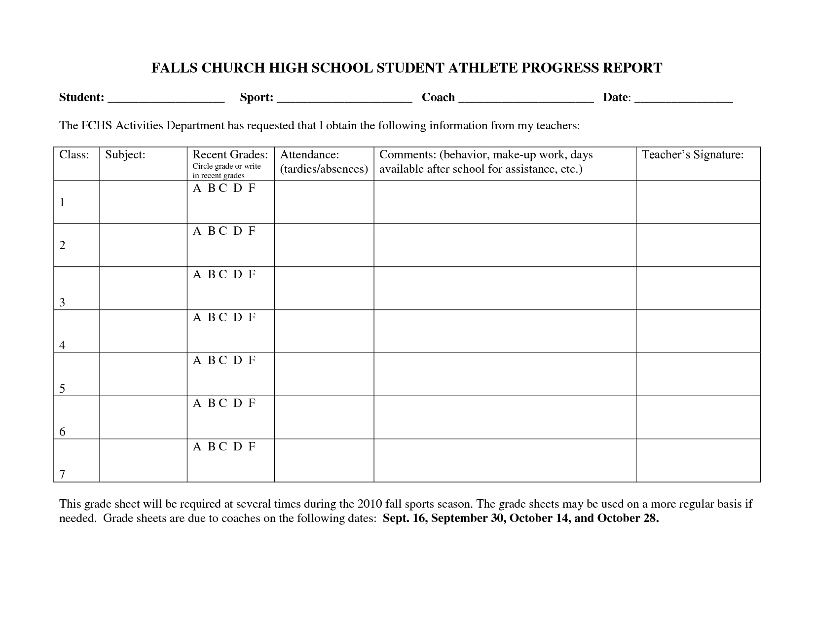 Falls Church High School Student Athlete Progress Report In Student Progress Report Template