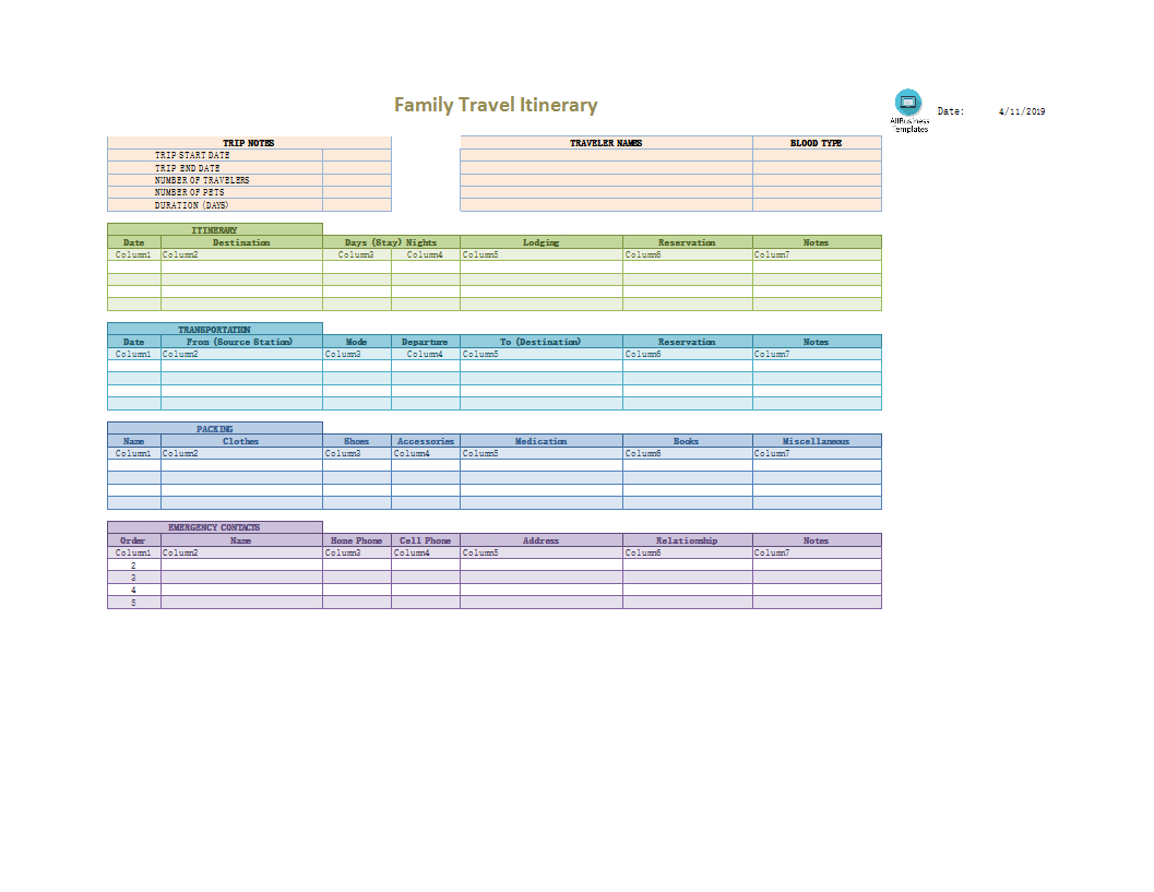 Family Travel Itinerary In Excel | Templates At Within Blank Trip Itinerary Template