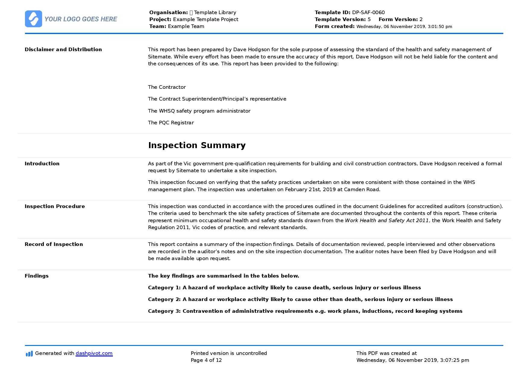 Field Inspection Report Template (Free To Use And Better For Inside Report Requirements Template