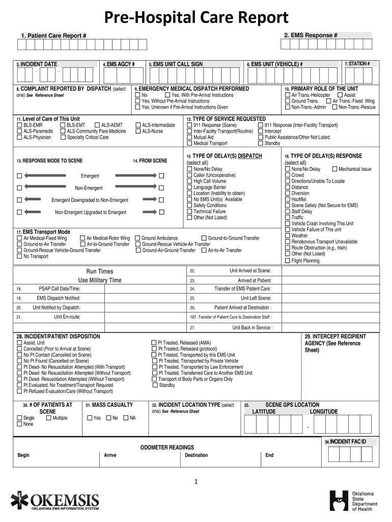 Fillable Online Ok Pre Hospital Care Report – Ok Fax Email With Regard To Patient Care Report Template